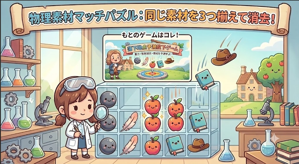 実験#96：重力シミュレーターゲーム×落ちゲーパズル（物理素材マッチパズル）