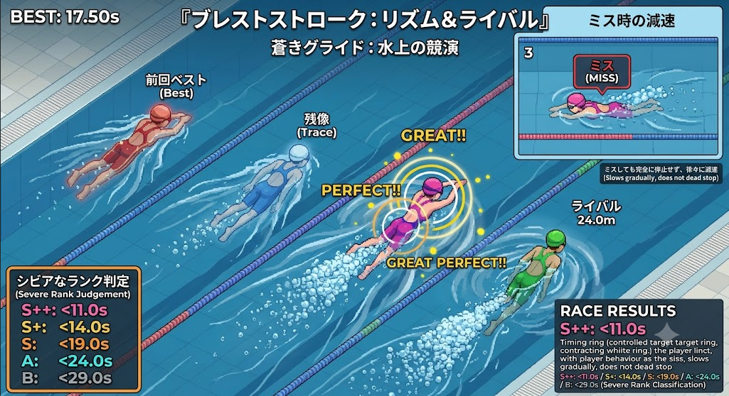 実験#107：水泳ゲームからの無茶ぶりな一言(ブレストストローク：リズム＆ライバル)